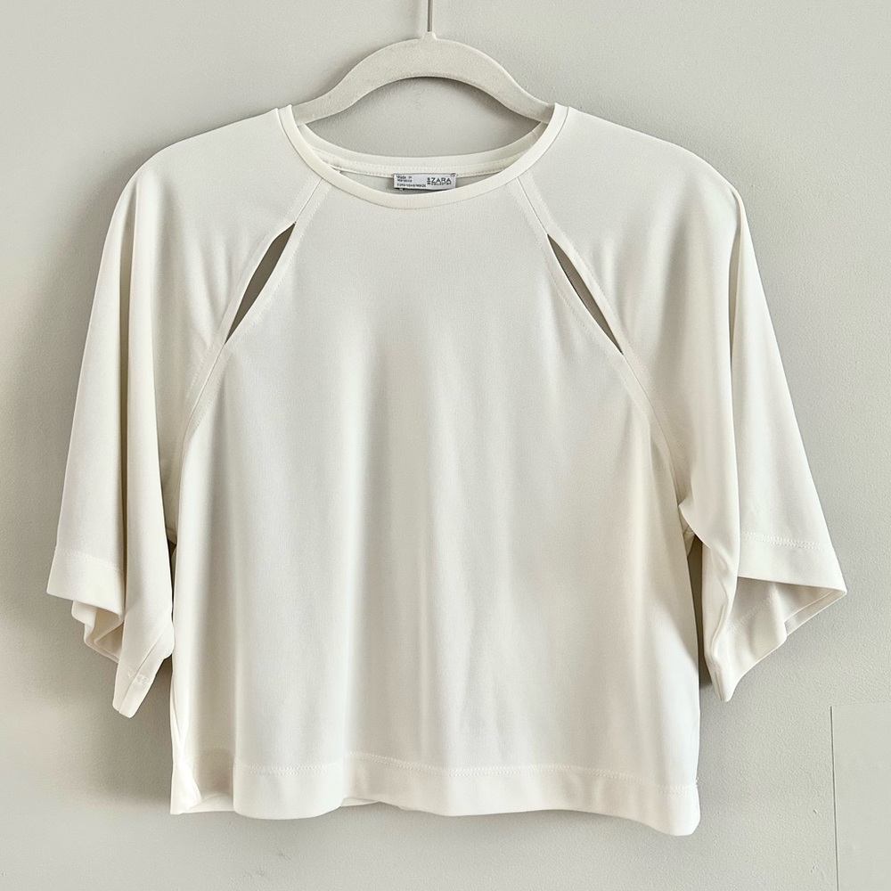Zara White Boxy Crop Too with Cut Outs Small